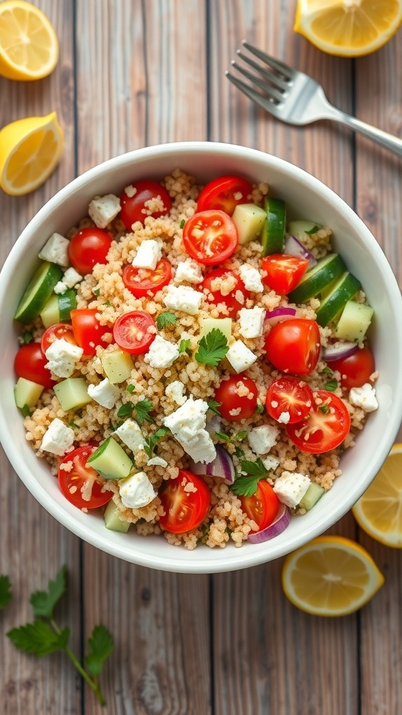 A vibrant Mediterranean quinoa salad with tomatoes, cucumbers, bell peppers, and feta cheese on a rustic table.